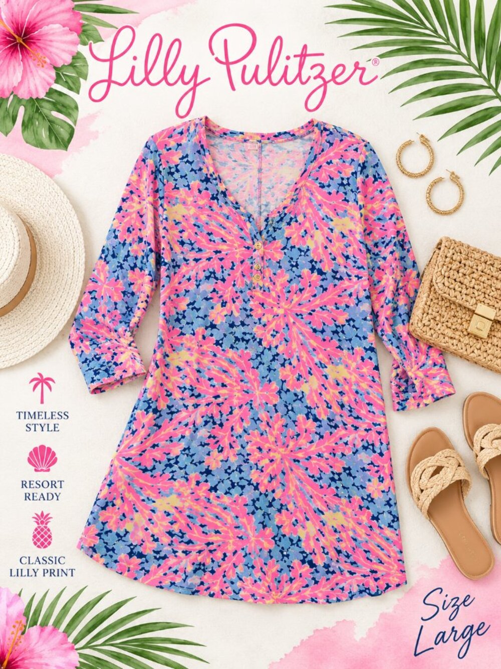 Lilly Pulitzer Banyan Coco Coral Crab Pink Multi 3/4 Sleeve Dress Size Large